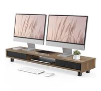 Fenge Réhausseur d'Écran d'Ordinateur avec deux Portes Coulissantes en Verre Grand Moniteur Stand pour 2 Moniteurs TV PC Imprimante, Pieds Réglables en Hauteur, 108x23,5x(15,2-16,7) cm (Marron)