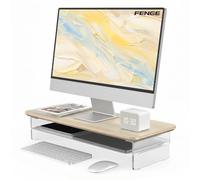Fenge Support Ecran PC, Acrylique, Ordinateur TV, Chêne, 60cm | Charge 45kg, Design Flottant, Tablette Métal, Bord Surélevé, Pastilles Antidérap., Organiseur, Moniteur Écran Bureau Maison