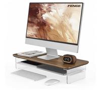 Fenge Support Ecran PC, Acrylique, Ordinateur TV, Marron, 60cm | Charge 45kg, Design Flottant, Tablette Métal, Bord Surélevé, Pastilles Antidérap., Organiseur, Moniteur Écran Bureau Maison