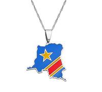 FENGJIAREN Collier Pendentif Carte Dominicaine - République démocratique du Congo Carte Drapeau coloré Pendentif RDC Kinshasa Collier Bijoux Ethniques, Argent, 45 cm