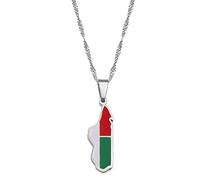 FENGJIAREN Madagascar Carte Pendentif Collier - Madagascar Carte Drapeau Pendentif Colliers pour Femmes Hommes Afrique Cartes Malgaches Bijoux Hip-Hop Style Colliers,Argent,45cm