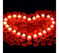 FENGQ 24 Pièces Bougies LED en Forme de cœur Romantique, Bougies Chauffe Plat, Bougie chauffe Plat avec 2000 Pétales de Rose, Bougie LED pour Saint-Valentin, mariage, demande en mariage