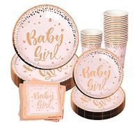 FengRise Assiettes et serviettes de douche pour bébé fille pour 24 avec assiettes en papier or rose,vaisselle jetable à dessert,serviettes,gobelets jetables pour fête d'anniversaire pour filles
