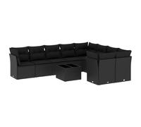 Fengshui Ensemble de canapé de jardin 10 pièces en polyrotin noir avec coussins | Sac de coussin imperméable, table en verre, design modulaire, housses amovibles