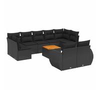 Fengshui Ensemble de canapé de jardin 10 pièces en polyrotin noir avec coussins | Table en bois d'acacia, espace de rangement avec sac imperméable, design modulaire, facile d'entretien