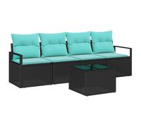 Fengshui Ensemble de canapé de jardin 5 pièces en polyrotin noir turquoise | Avec table, 2 sièges centraux, 2 canapés à accoudoirs, design moderne, résistant aux intempéries