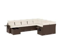 Fengshui Ensemble de jardin 10 pièces avec coussins en rotin synthétique marron | Design modulaire, plateau de table en verre trempé, étagères pliables, résistant aux intempéries