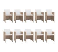 Fengshui Ensemble de salle à manger 11 pièces en polyrotin beige, table en verre, 10 chaises | Rotin PE résistant aux intempéries, acier revêtu par pulvérisation, coussins hydrofuges, housses amovibles