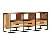 Fengshui Meuble TV en bois d'acacia massif 110 x 30 x 45 cm | 3 tiroirs, 3 compartiments, structure en fer revêtu par pulvérisation, style industriel