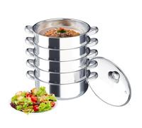 fennnds Lot de 6 cuiseurs vapeur russes Mantowarka en acier inoxydable à 5 couches avec 4 vapeurs, insert vapeur et couvercle en verre, amortisseur pour gaz, induction, électrique, céramique, 30 cm