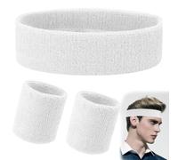 FENQURO 3 pcs Ensemble de Bandeau Sports Bandeau Poignet rayé Sweatband Tissu éponge Poignet Athletic Exercice Basketball Poignet Bandeau et Bandeaux humidité Mèche Sweat Head Band Absorbant(Blanc)