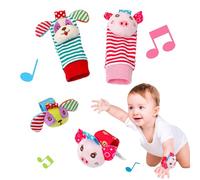 FENQURO 4 Pcs Bébé Poignet et Chaussettes Hochet Jouets Ensemble Poignet de Bell Strap hochets et Chaussettes Pied Finder Animal Bébé Chaussettes De Pied avec Jouet (Chien cochon)