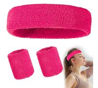 FENQURO Ensemble de Bandeau Sports Bandeau Poignet rayé Sweatband Tissu éponge Poignet Athletic Exercice Basketball Poignet Bandeau et Bandeaux humidité Mèche Sweat Head Band Absorbant(rose rouge)