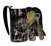 Fenrir 16 oz Viking Horn Mug with Shot Glass and Opener for ale Beer & Cold Drink - Father's Day Gift Idea Natual Wolf Finish