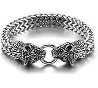 Fenrir Bracelet à la tête de Loup Viking en Acier Inoxydable pour Hommes, Nordic Odin Celtic Wolf Talisman Religieux Talisman, Moyen Âge Bracelet à Manchette tressée à la Main