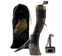 FENRIR Corne à boire Viking avec support 473,6 g - Cadeaux pour homme, papa, mari - Tasse en corne de bœuf naturelle avec décapsuleur Thor et étui en cuir - Pour bière, bière, hydromel (poli naturel)