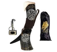 FENRIR Corne à boire Viking avec support en cuir marron, ouvre-bouteille pour vin, hydromel, bière, ale - Corne naturelle polie (Taille 15-18 oz)