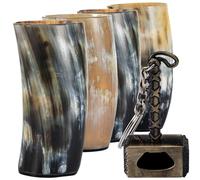 FENRIR Ensemble de tasses à boire viking de 4 pièces, cadeaux viking spéciaux pour hommes et femmes, ouvre-bouteille, corne de buffle naturelle, gobelets vikings, verres à schnaps nordiques, ensemble