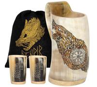 FENRIR Ensemble de tasses Viking en corne à boire de 473,6 g - Cadeaux pour homme, papa, mari - Cadeau unique Viking - Tasse en corne de bœuf véritable faite à la main avec loup gravé 2 verres à shot