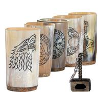 FENRIR Lot de 5 tasses Viking en corne à boire - Cadeaux pour homme, papa, mari - Cadeau Viking unique - Tasse en corne de bœuf naturelle avec décapsuleur Thor - Pour bière, bière, hydromel (300 ml)