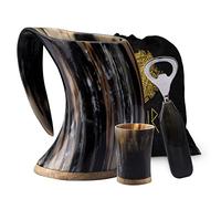 FENRIR Premium Viking Drinking Horn Mug Authentic Food Grade with Short Glass and Bottle Opener for Ale Beer Cold Drink (16-Oz Size -6.5 Inch)