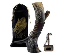 FENRIR Tasse à boire en corne de viking avec support, 400 ml, cadeau pour homme, papa, mari, tasse en corne de bœuf naturelle avec décapsuleur Thor et étui en cuir, pour bière, bière