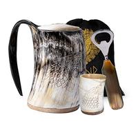 Fenrir Tasse en corne de Viking de 453,6 g avec verre à shot et ouvre-bouteille pour bière et boisson froide - Excellente idée de cadeau de Noël