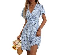 FENSACE Robe d'été mi-longue à manches courtes, coupe trapèze et col portefeuille en V pour femme, motif floral, Taille S