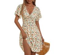 FENSACE Robe d'été mi-longue à manches courtes et col en V pour femme Motif floral, Abricot Rouge Orange-65, Taille M