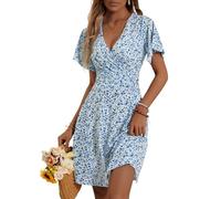 FENSACE Robe d'été mi-longue à manches courtes et col en V pour femme Motif floral, Blanc Bleu Floral-63, Taille L