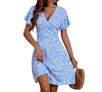 FENSACE Robe d'été mi-longue à manches courtes et col en V pour femme Motif floral, Feuilles bleues et blanches-69, Taille XL