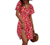 FENSACE Robe d'été mi-longue à manches courtes et col en V pour femme, motif floral, Taille L