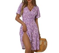 FENSACE Robe d'été mi-longue à manches courtes et col en V pour femme, motif floral, Taille L