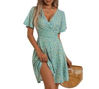 FENSACE Robe d'été mi-longue à manches courtes et col en V pour femme, motif floral, Taille M
