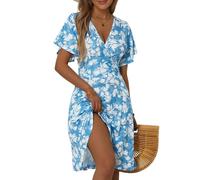 FENSACE Robe d'été mi-longue à manches courtes et col en V pour femme, motif floral, Taille S