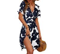 Fensace Robe d'été pour femme à manches courtes, col en V, coupe évasée, midi, Fleur, bleu marine, Medium