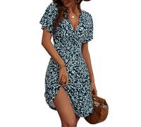 Fensace Robe d'été pour femme à manches courtes, col en V, coupe évasée, midi, Large