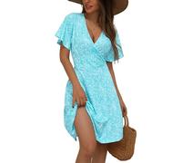 Fensace Robe d'été pour femme à manches courtes, col en V, coupe évasée, midi, Large