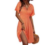 Fensace Robe d'été pour femme à manches courtes, col en V, coupe évasée, midi, Large