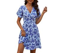 Fensace Robe d'été pour femme à manches courtes, col en V, coupe évasée, midi, Large