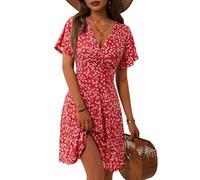 Fensace Robe d'été pour femme à manches courtes, col en V, coupe évasée, midi, Large