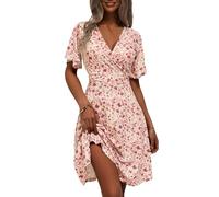 Fensace Robe d'été pour femme à manches courtes, col en V, coupe évasée, midi, Medium
