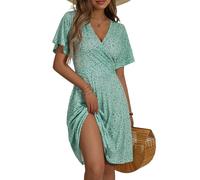 Fensace Robe d'été pour femme à manches courtes, col en V, coupe évasée, midi, Medium