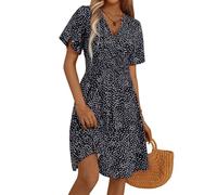 Fensace Robe d'été pour femme à manches courtes, col en V, coupe évasée, midi, Medium