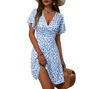 Fensace Robe d'été pour femme à manches courtes, col en V, coupe évasée, midi, Medium