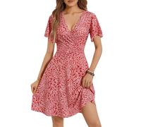 Fensace Robe d'été pour femme à manches courtes, col en V, coupe évasée, midi, Medium