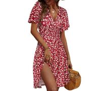 Fensace Robe d'été pour femme à manches courtes, col en V, coupe évasée, midi, rouge, Small