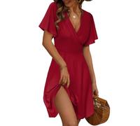 Fensace Robe d'été pour Femme à Manches Courtes, col en V, Coupe évasée, midi, Rouge vin, Medium