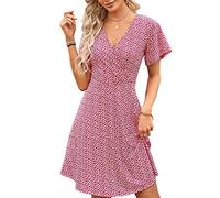 Fensace Robe d'été pour femme à manches courtes, col en V, coupe évasée, midi, X-Large