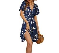 Fensace Robe d'été pour femme à manches courtes, col en V, coupe évasée, midi, X-Large